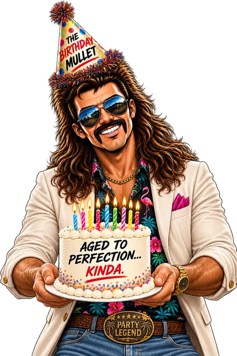 Randy holding a birthday cake that reads aged to perfection, kinda